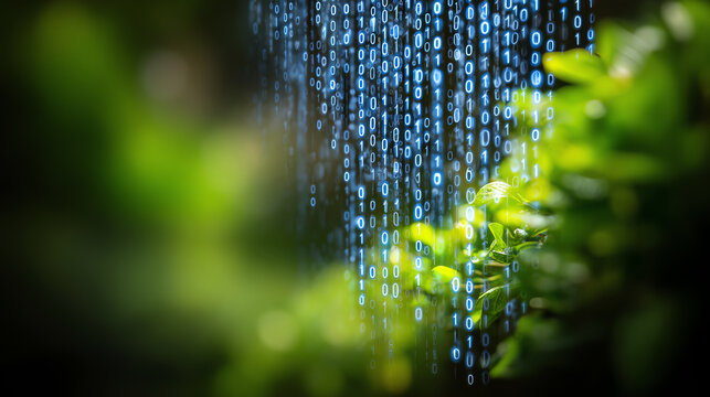 A vibrant blend of nature and technology, showcasing digital code cascading over lush green leaves, representing innovation and growth.