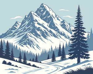 Fototapeta premium Snowy mountain landscape with pine trees and a winding road in winter
