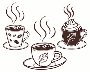 Three steaming cups of coffee with different designs