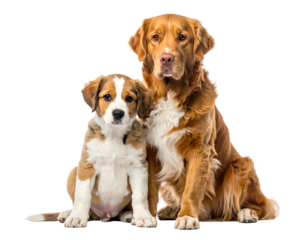 Two dogs pose in front of a black background. One is a puppy and sits next to a larger dog