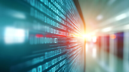 A vibrant visualization of binary code representing data processing and technology advancements in modern computing.