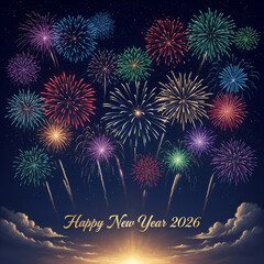 Fireworks bursts with Happy New Year 2026