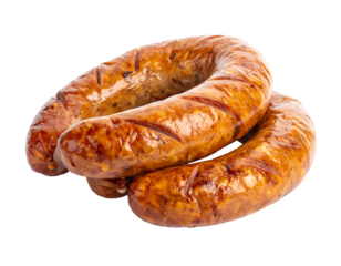 Two shiny, linked sausages with grill marks, on a transparent background, showing textures and browning details