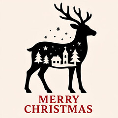 Merry Christmas Silhouette Moose With Winter Village Inside, Festive Holiday Scene