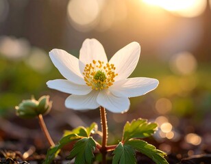 Delicate white wildflower blooms amidst soft sunlight, bokeh background
