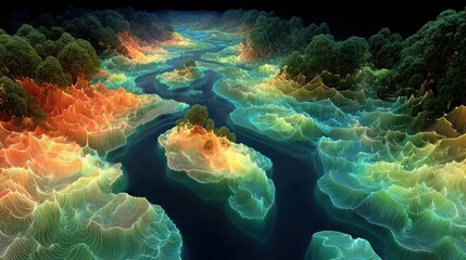 Abstract illustration of a colorful landscape with river and green trees on the sides