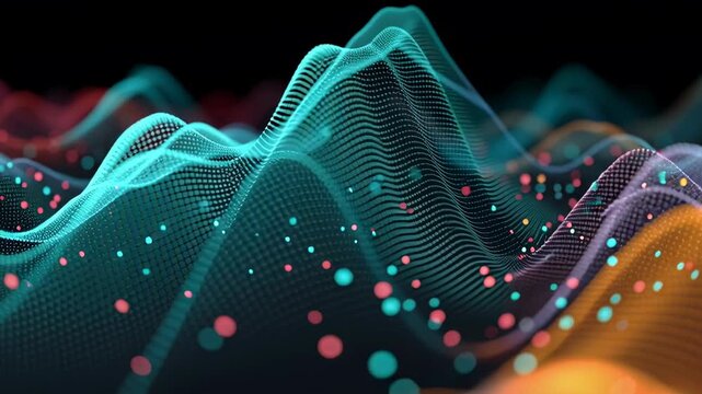 Digital abstract wave with colorful glowing dots and flowing lines creating dynamic data visualization and quantum AI core processing landscape in finance and technology hub
