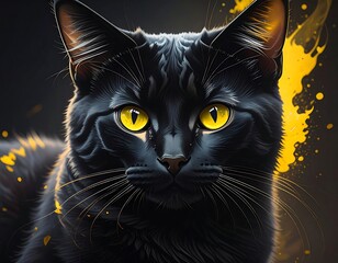 Detailed close-up of a sleek black cat with captivating yellow eyes