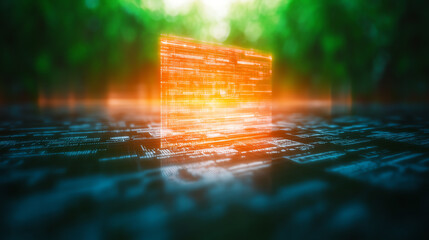 Futuristic digital data flowing through a vibrant environment, highlighting innovation and technological advancement.