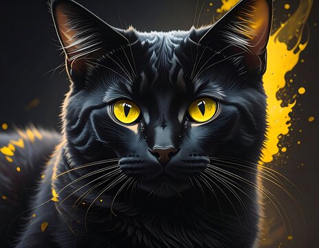 Detailed close-up of a sleek black cat with captivating yellow eyes - Powered by Adobe