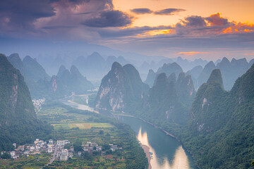 Xianggong Mountain in Yangshuo Guilin Guangxi China Overlooking the Li River Scenic Area from Xianggong Mountain in the Early Morning