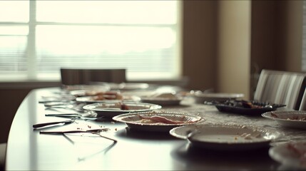 satiety. Banquet table covered with empty plates and leftover food, scattered utensils in muted light. menu design, packaging mockups, designed for food delivery and cloud-kitchen brand materials.