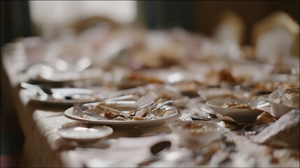 satiety. Banquet table covered with empty plates and leftover food, scattered utensils in muted light. menu design, packaging mockups, designed for food delivery and cloud-kitchen brand materials.