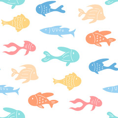 Naklejka premium Seamless flat pattern of underwater fish. Marine life undersea with ocean and aquatic creatures in a cartoon graphic style. Summer sea background perfect for vibrant aquatic themes.