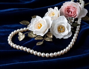 Elegant composition of roses and pearls on a deep blue velvet backdrop