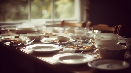 satiety. Banquet table covered with empty plates and leftover food, scattered utensils in muted light. menu design, packaging mockups, designed for food delivery and cloud-kitchen brand materials.