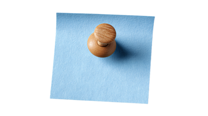 Blue Square Sticky Note Pinned with Wooden Thumbtack on Transparent Background Flat Lay, PNG