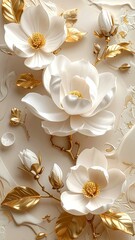 Elegant composition of white flowers with golden accents on textured surface