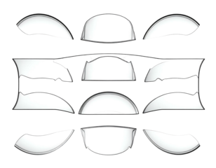 Varied white shapes with gray outlines arranged on a black background, creating a stylized, abstract composition