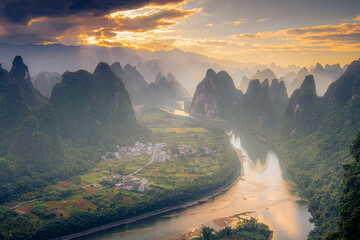 Guilin Xingping Xianggong Mountain Sunrise, China. Iconic sunrise spot.