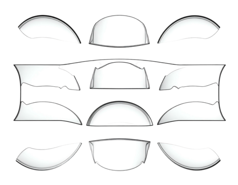 Varied white shapes with gray outlines arranged on a black background, creating a stylized, abstract composition