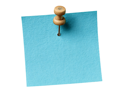 Blue Square Sticky Note Pinned with Wooden Thumbtack on Transparent Background, PNG - Powered by Adobe
