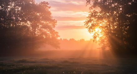 Sunlight Streaming Through Trees at Dawn.
