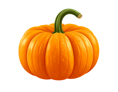 Vibrant, digitally painted orange pumpkin with a green stem, isolated against a black background