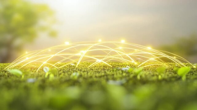 Green Tech Fusion: A glowing network of interconnected lines hovers above a vibrant patch of green growth, symbolizing the fusion of technology and the environment.
