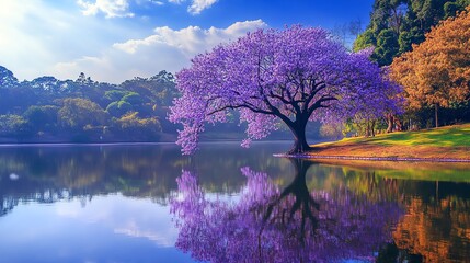 A serene lake reflecting vibrant purple blooms.