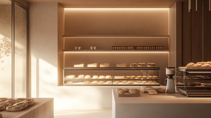 A modern bakery with fresh pastries displayed.