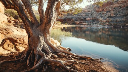 A serene view of a tree by a tranquil lake.
