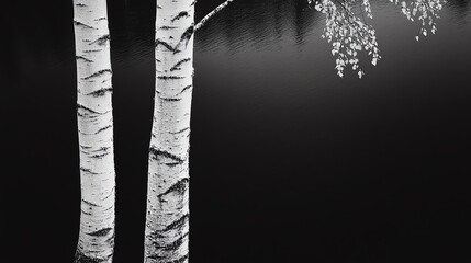 Black and white birch trees by tranquil waters.
