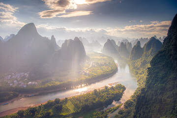 Xianggong Hill viewpoint panorama of beautiful green, lush and dense karst mountain landscape in Yangshuo, Guangxi Province, China