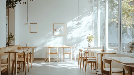 Bright and minimalistic cafe interior design.