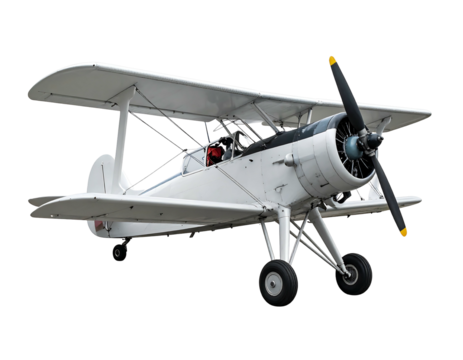 Vintage biplane, white with black propeller, detailed engine cowling against black background