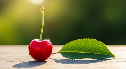 A single ripe red cherry with a green leaf on a wooden table in the sunlight.