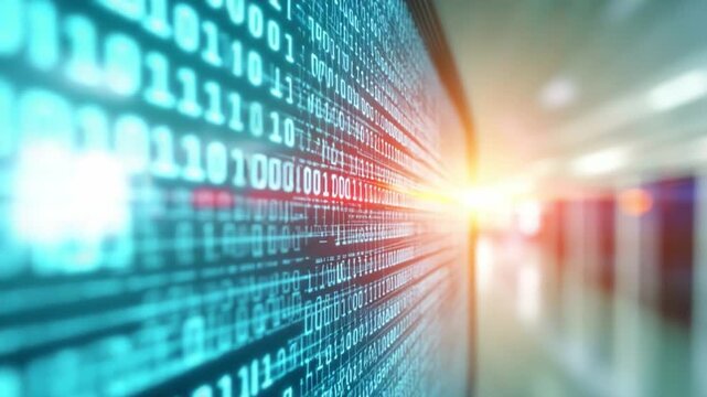 Digital Code Visualization: The image shows a close-up of a digital code display, with binary digits and code elements moving in a stream, conveying concepts of data flow and the information age.