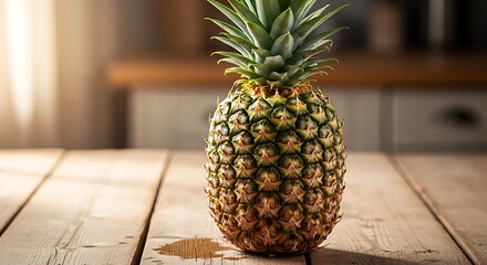 A ripe, golden pineapple sits on a rustic wooden table bathed in warm, natural sunlight.