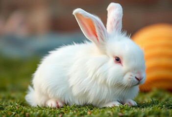 A fluffy white rabbit sits peacefully, long ears drooping,   snow,  cute