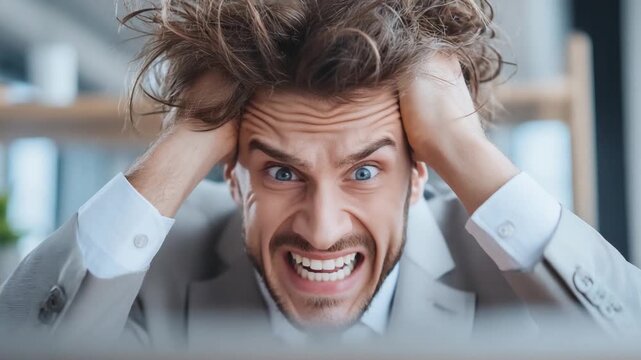 Frustration Unleashed: A man, hair askew, visibly displays his frustration in this raw capture of the moment. Expressing tension and stress.