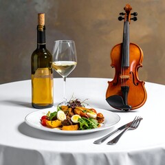 Elegant composition wine, salad, and violin on a pristine white tablecloth