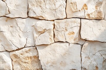 Fototapeta premium A close-up view of a light beige stone wall, exhibiting intricate patterns of cracks and crevices.