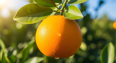 Close-up of a ripe orange hanging from a tree branch with green leaves.