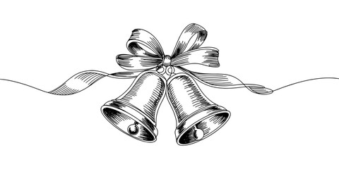 Detailed black and white drawing of two Christmas bells tied with a ribbon bow. Elegant festive illustration for holiday and winter designs.