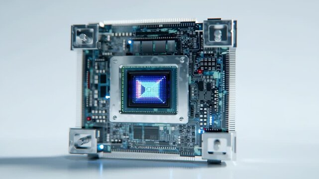 Macro shot of futuristic AI quantum chip with glowing blue core on high tech circuit board showcasing advanced microchip technology and innovative circuit design in cutting edge computing