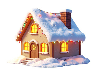  3D Cartoon Snowy Christmas House with Colorful Lights and Frosted Roof, Front View, Isolated on Transparent Background