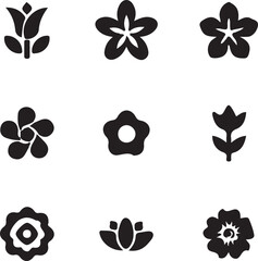 Vector Black Flowers Icon Set – Minimal Floral Silhouette Collection for Logo, Pattern, Decoration, and Design Projects | Elegant Botanical Symbol Pack in Modern Style