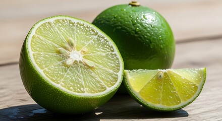Fresh green limes on a wooden table, one whole, one sliced in half, and a wedge.