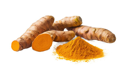 turmeric roots and powder isolated on white background.